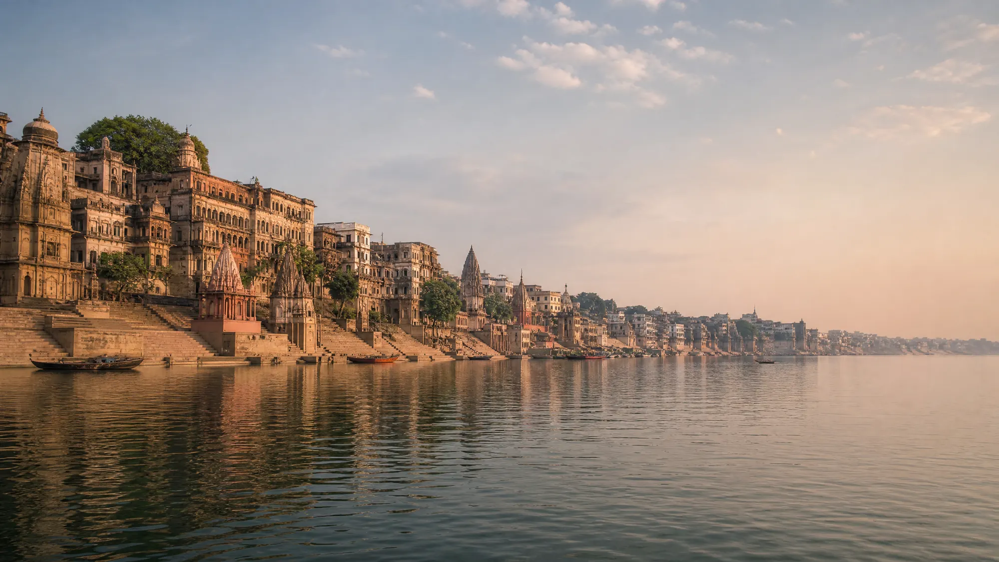 Bénarès possède un réseau de ghats en escalier de 7 kilomètres le long du Gange. Les pèlerins utilisent ces 84 à 88 marches en bord de fleuve pour les rituels quotidiens de bain et les crémations.
