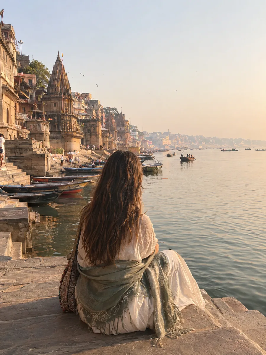 Vue sur le Gange et les ghats de Bénarès